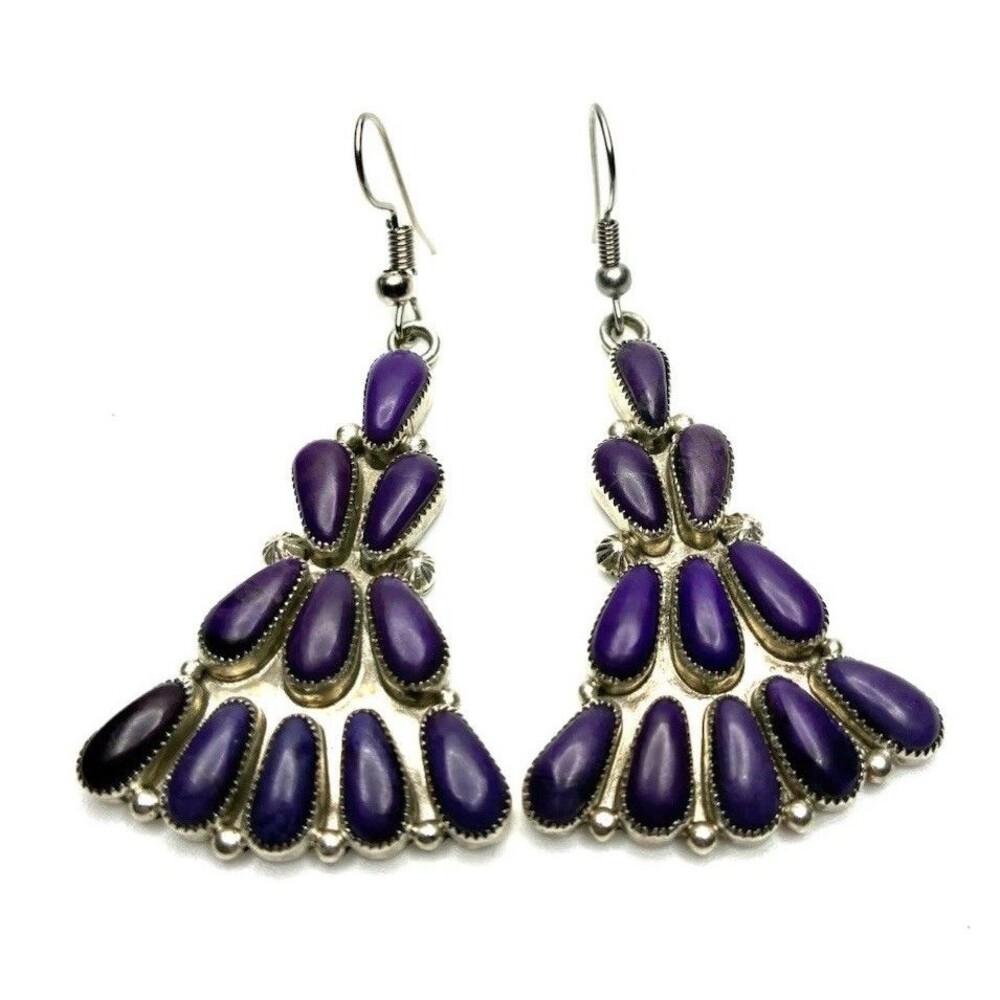 Zuni Artisan Jennie Vicenti Silver Dangle Drop Purple?Sugilite?Pierced Earrings